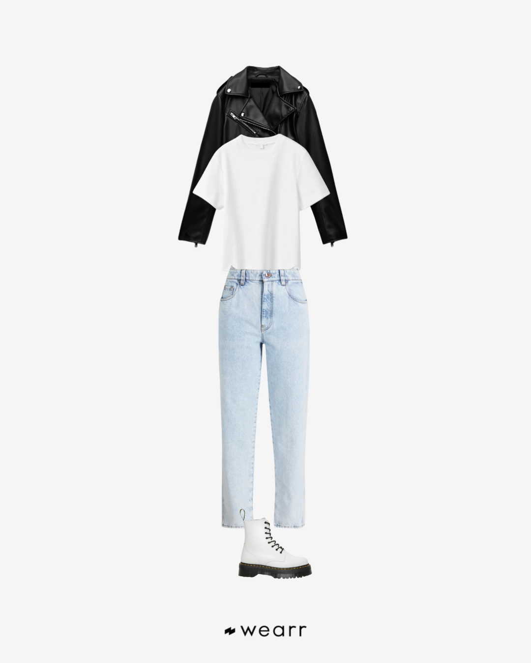 Outfit Casual – Chiodo, T-Shirt Oversize Bianca, Jeans Chiari Wide Leg e Anfibi Bianchi