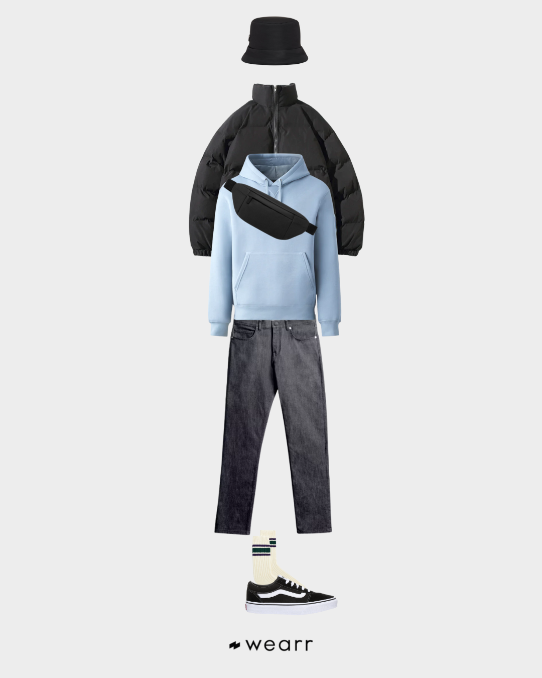 Outfit Casual/Urban – Puffer Jacket, Hoodie Azzurra, Jeans Straight Leg Grigi e Sneakers