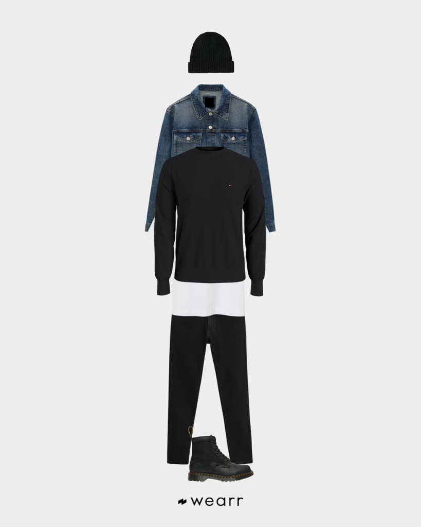 Outfit Casual/Urban – Denim Jacket, Pullover Nero, T-Shirt Bianca, Jeans Slim Fit Neri e Anfibi Neri